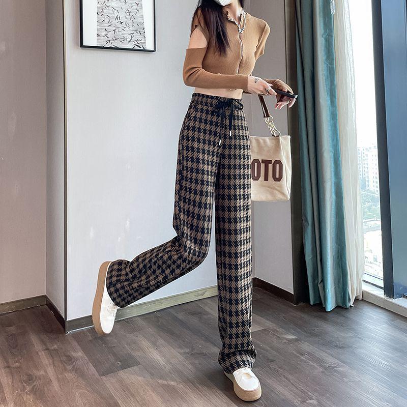 European and American Style Plaid Loose Wide-Leg Pants for Women - Autumn/Winter Collection