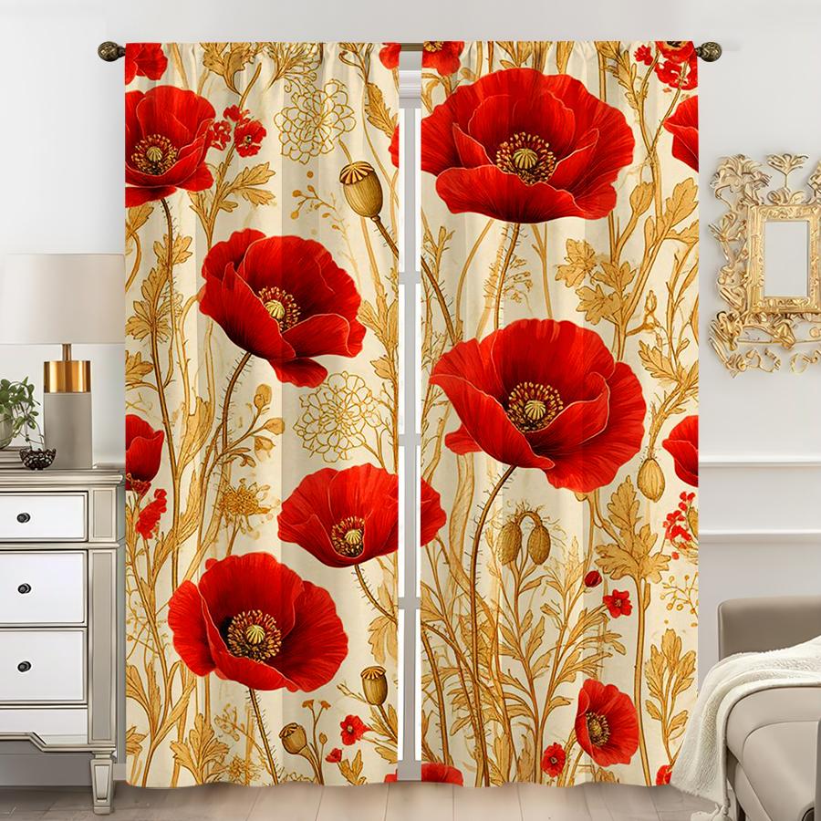 2Pcs, Multicolor, Red Poppy Floral Print With Gold Botanical Accents Curta, For Bedroom And Living Room, Rod Pocket Style
