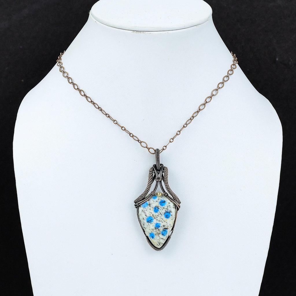 K2 Azurite Gemstone Pure Copper Wire Wrapped Handmade Pendant Jewelry