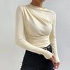 Women Solid Color Bottom Shirt Half High Collar Long Sleeve Bottoming Top Solid Color Slim Fit Pleated Pullover Tops