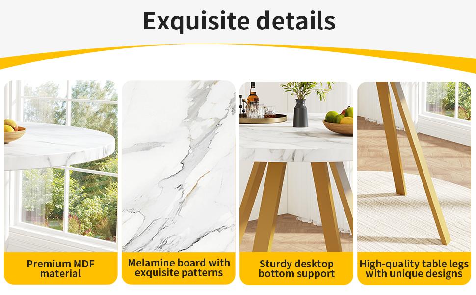 Round Dining Table (80×80×75cm), Coffee Table for 4 People, Dining Room, Living Room, Metal Table Legs, White Marble Pattern and Gold Table Legs