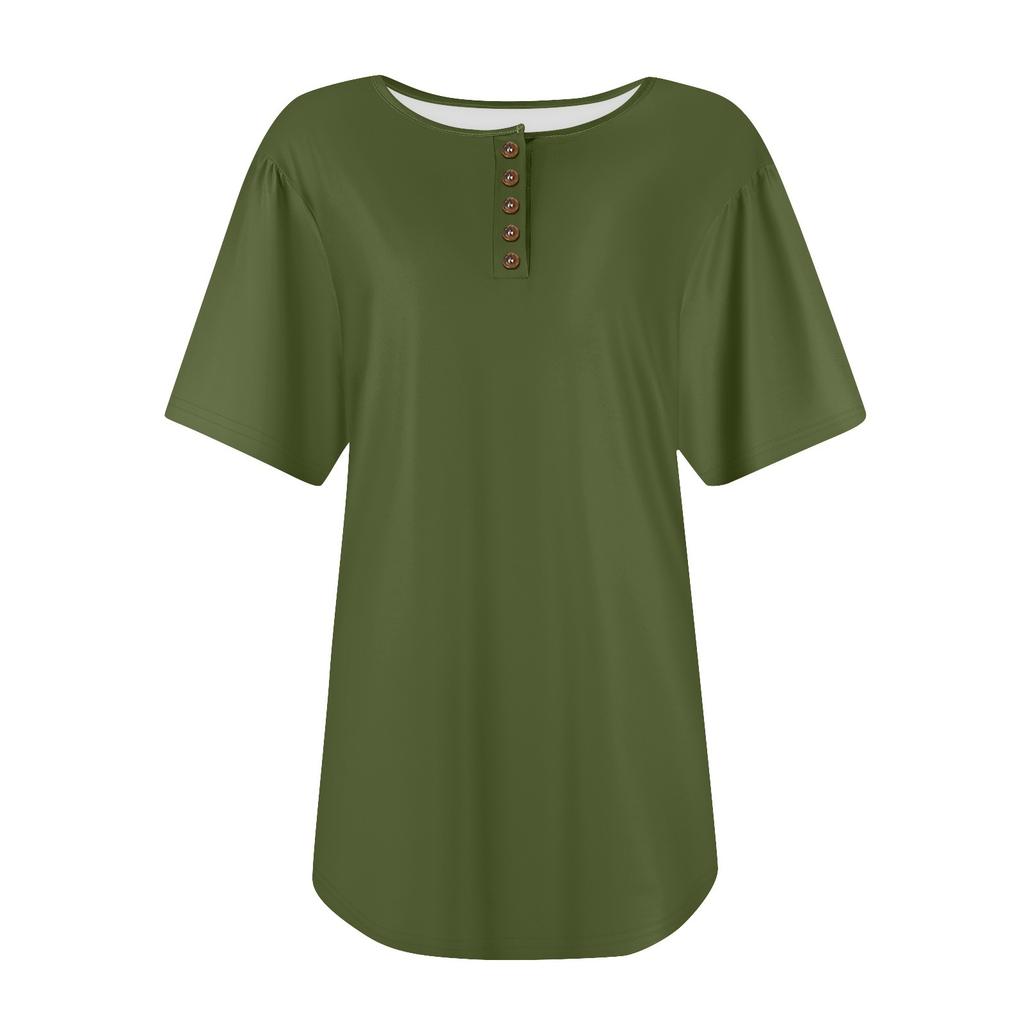 Women's Fashionable Casual Short Sleeve Button Print Round Neck Pullover Top