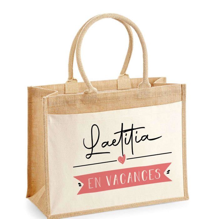 Sac de plage - PLANETEE - Jute avec poche Laetitia en Vacances - Coton - Multicolore - 43 x 33 cm