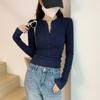 Half-open neck navy blue bottoming shirt women's autumn tight and thin Spice girl button-up long-sleeved shirt top