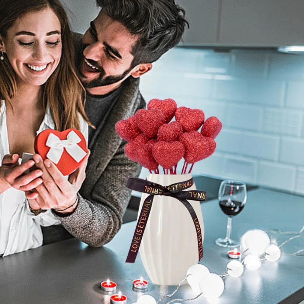 10pcs Red Pink Heart Cake Toppers Love Vase Picks Decor  Wedding Flower Bouquet