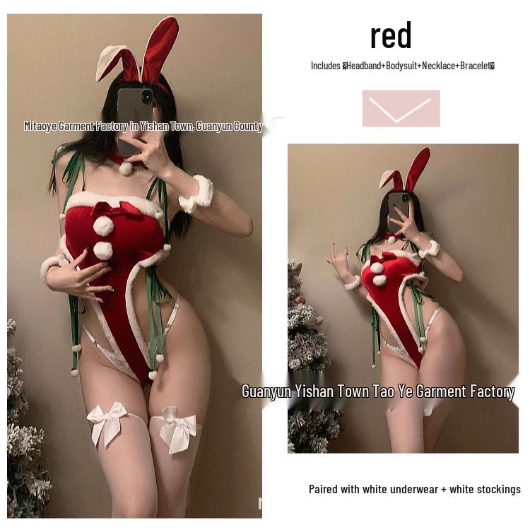 Эротический костюм рождественского кролика с пушистой шнуровкой и дизайном с открытой промежностью