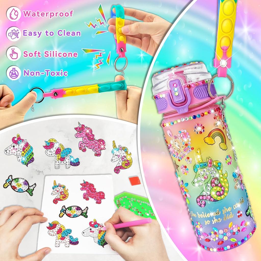 Creative DIY Gemstone Sticker Water Bottle for Kids, 600ml Rainbow Unicorn, Reusable Student Thermos, Holiday Gift for Boys & Girls Ages 4-10