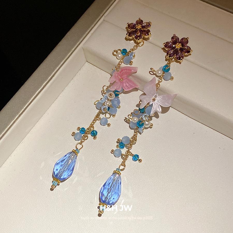 Zircon Freshwater Pearl Flower Tassel Earrings for Women, Luxury Sweet Fresh Elegant Ear Jewelry