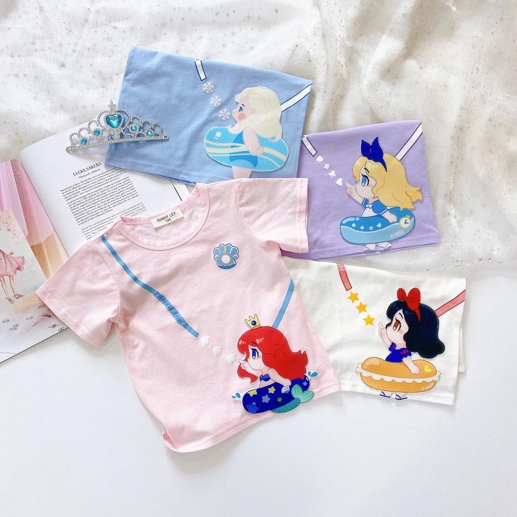 Девочки Цветная Футболка Принцесса Лето Детская Милая Мультяшный Принт Повседневная Свободная Дышащая Футболка с Коротким Рукавом и Круглым Вырезом