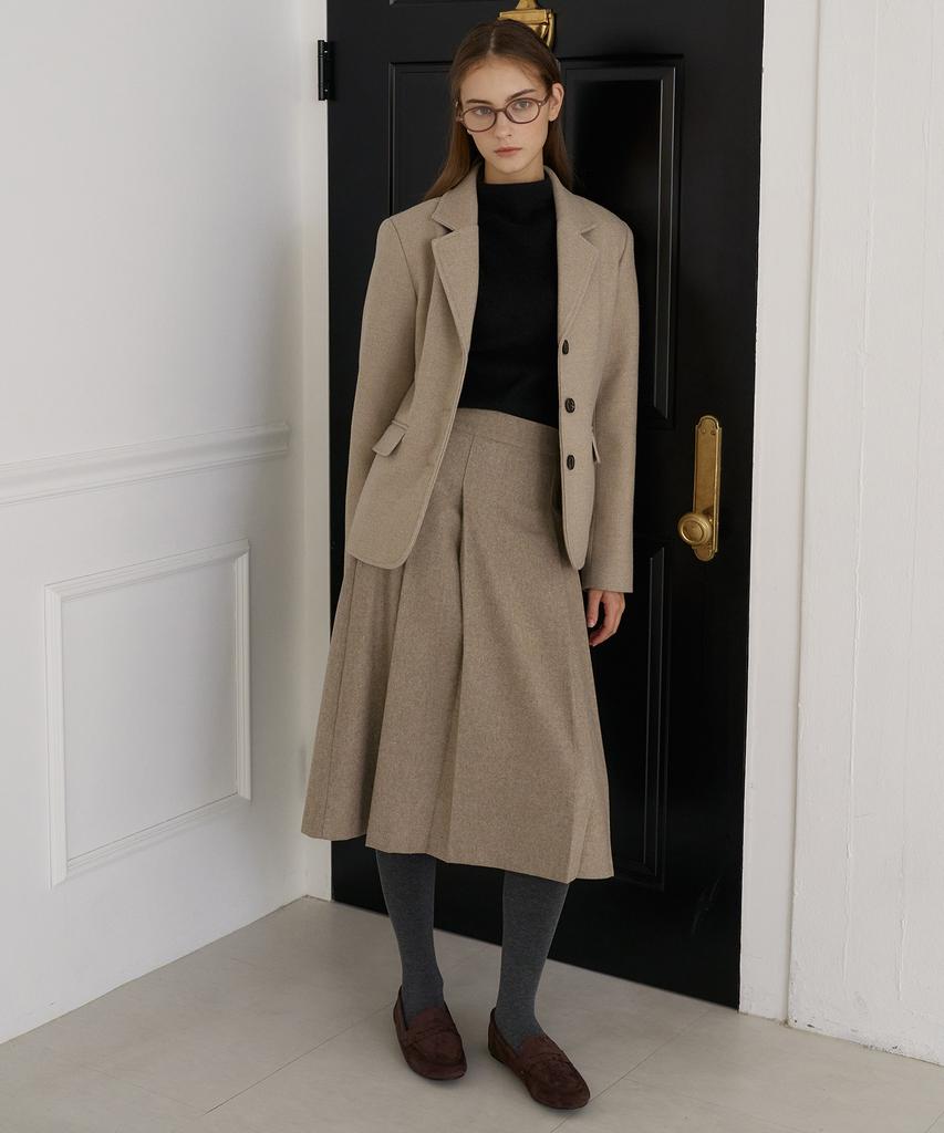 Bye Bye Seop Tuck Pleated Wool Midi Skirt Ash Beige [T44]