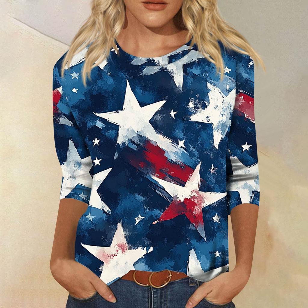 Women's Fashion Casual Seven Sleeve Independence Day Printed Round Neck Top
