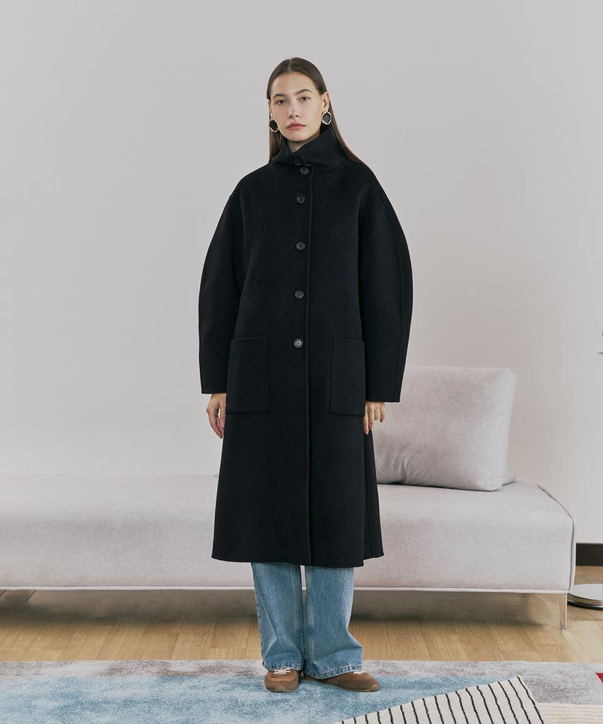 Pinblack Wool Handmade High-Neck Long Coat Black