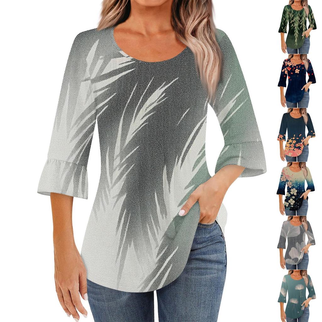 Women's Fashion Casual Pleated Round Neck Floral Print Three-Quarter Sleeve T-Shirt Top