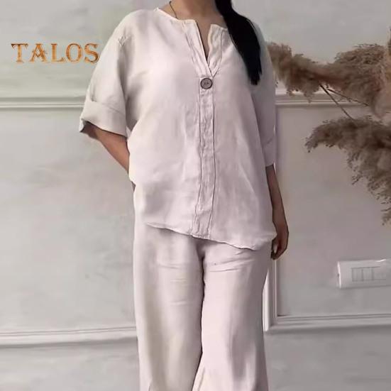 2 шт./компл., блузка, комплект брюк, V-образный вырез, длинные рукава, декор пуговиц, топ с широкими штанинами, свободные брюки с эластичной резинкой на талии, OL, повседневная домашняя одежда для поездок на работу, наряд