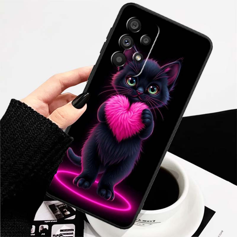 Аниме мультяшный кот иллюстрация Для Samsung A73 A72 A71 A55 A54 A53 A52 A51 A13 A22 A16 A15 A12 A14 A26 A07 5G Черный чехол для телефона