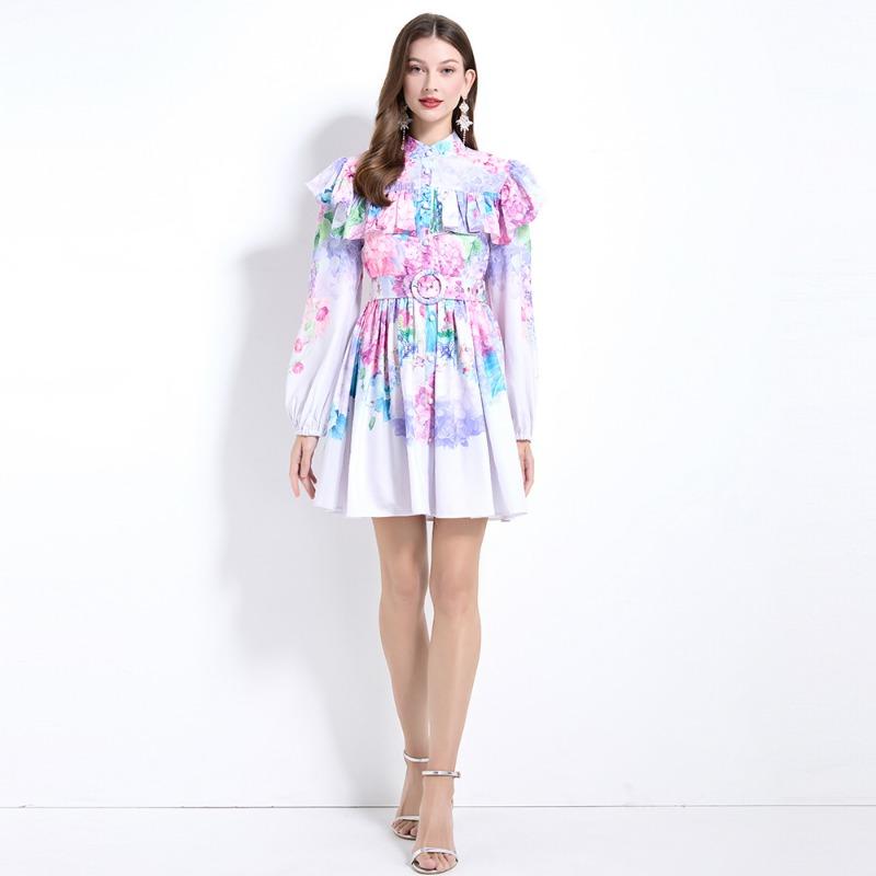 Весна Лето Женщины Фонарики Рукава Оборки Мини Короткие Принцесса Праздничные Пляжные Платья С Поясом