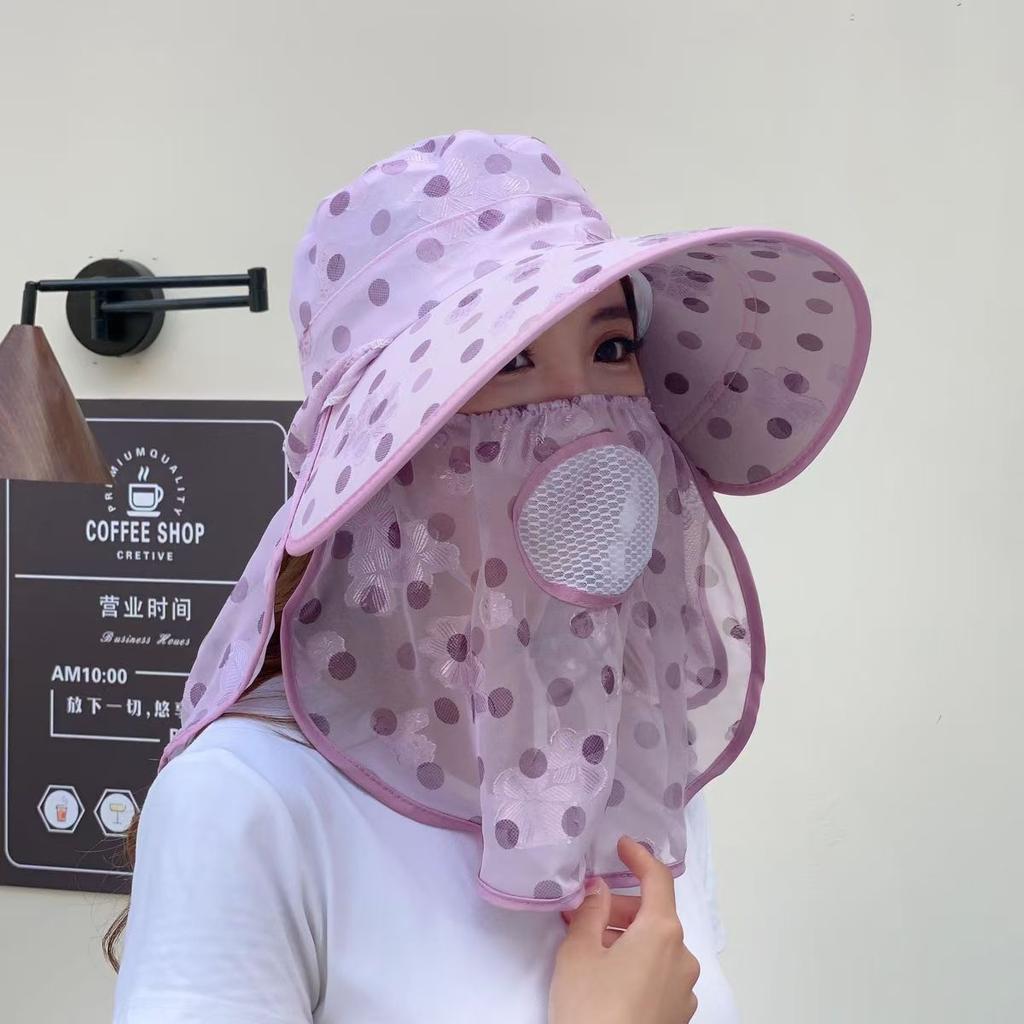 Summer sun hat women's sun protection face covering shawl hat riding face protection big eaves hat mask tea picking hat small cherry can be folded