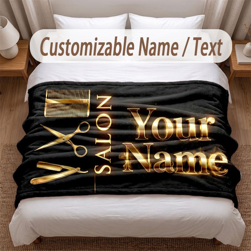 Barber Salon Theme Soft Blanket Personalized Custom Name Text Print Warm Blanket Home Sofa Bedroom Decor