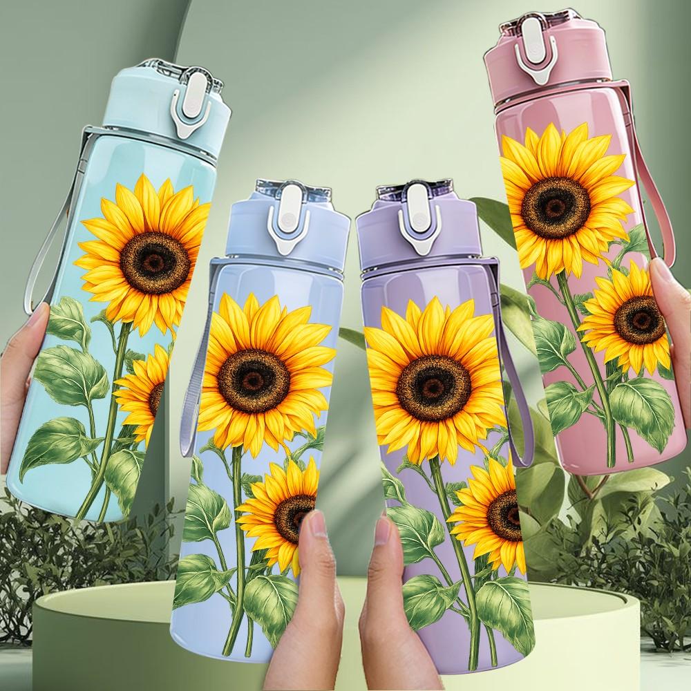 1PC Sunflower Yellow Flower Pattern 750ml Color Plastic Sports Water Bottle Leakproof Flip Straw Lid Suitable for Sports Office Home Use