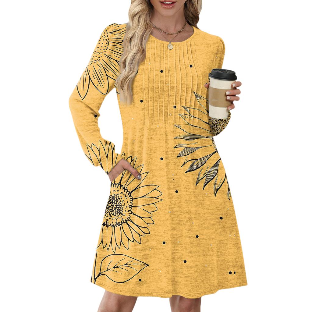 Женское повседневное платье с длинным рукавом, плиссировкой, круглым вырезом, цветочным принтом и карманами