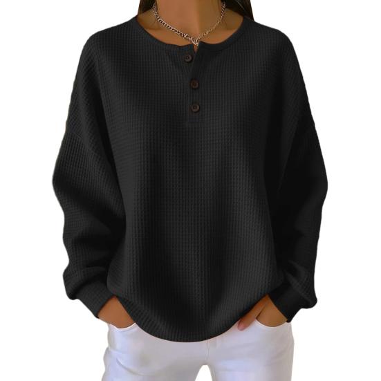 Женские топы с круглым вырезом, декорированные пуговицами, с длинным рукавом, пуловеры, однотонная текстурированная блузка вафельного переплетения для повседневной носки