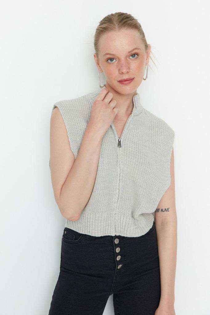 Женский модный стильный свитер, укороченный базовый трикотаж на молнии, жилет