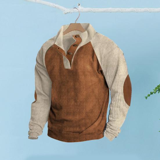 Весна Осень Мужская Толстовка Цветные Блоки Пэчворк Ретро Стиль Полуоткрытый Воротник-стойка Топ Плюс Размер Свободный