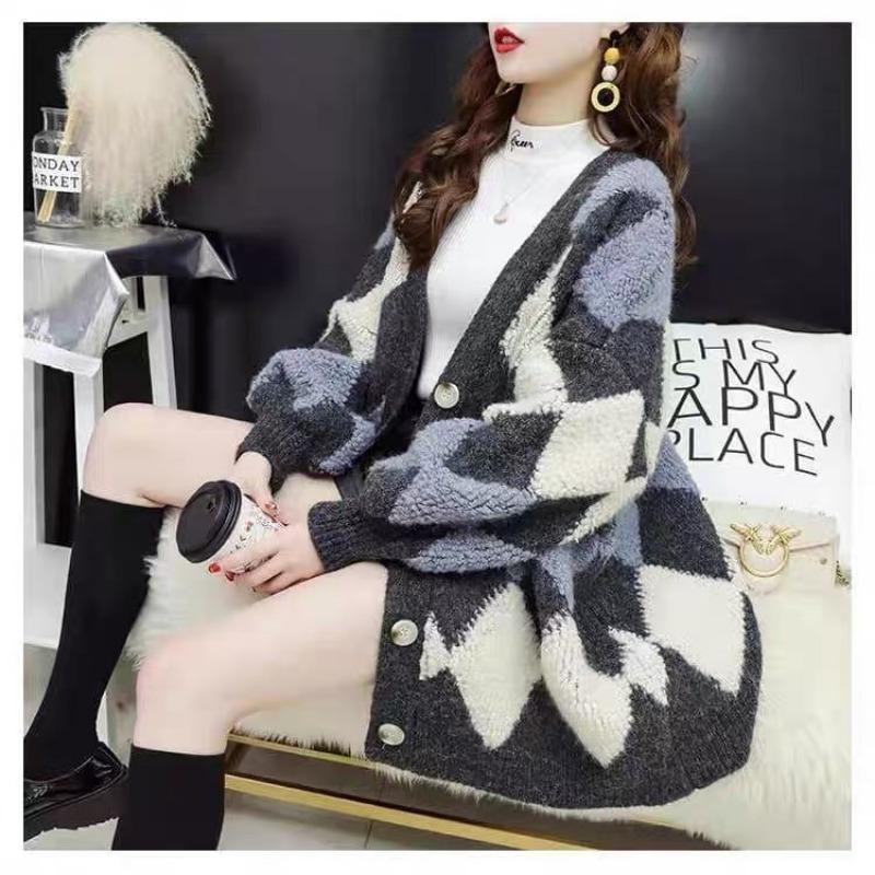Autumn New Long Sleeve Argyle Knitted Sweater Jacket Women Winter Elegant Fashion Loose Woman Cardigans Sweaters Vintage Plus Size Knitwear Coat 24929