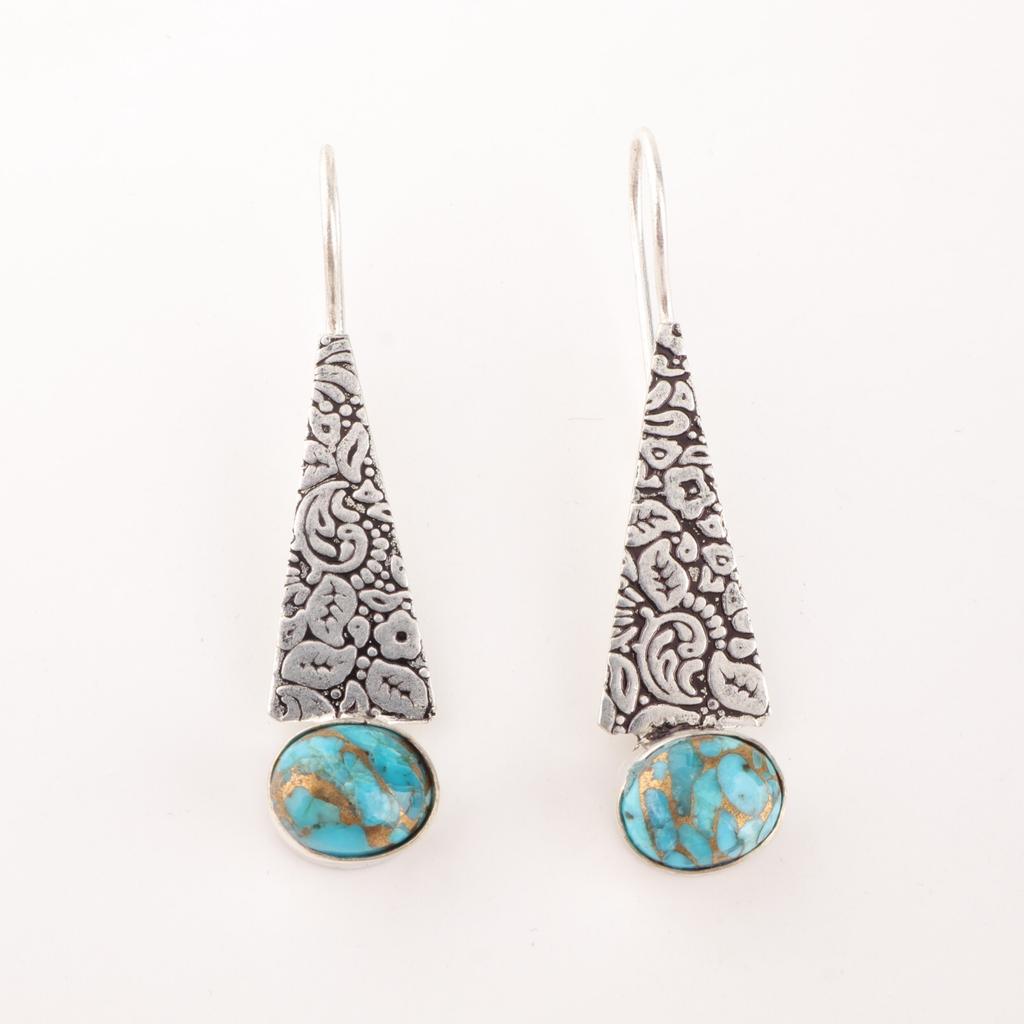 Natural Blue Copper Turquoise Gemstone 925 Sterling Silver Jewelry Earrings 1.9" EE-165-43