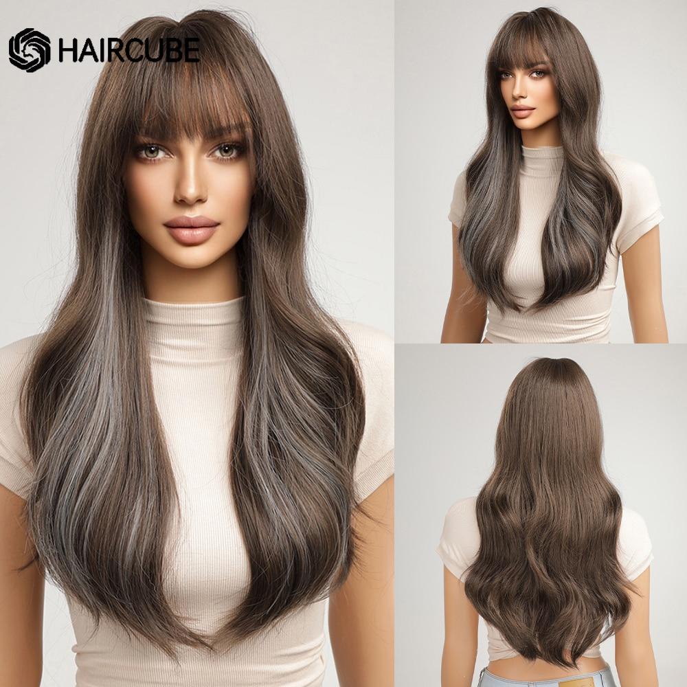 HAIRCUBE Длинный коричневый, синий, волнистый, волнистый, парик из натуральных волос для женщин, повседневные термостойкие искусственные волосы с челкой