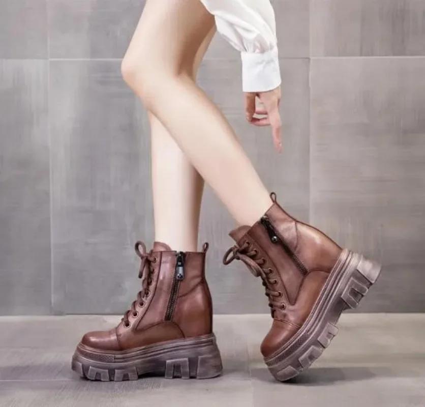 Fashion Brown 7CM Genuine Leather Synthetic Cushioned Autumn Women Spring Durable Ankle Boots Platform Wedge Winter Plush Spring Shoes
