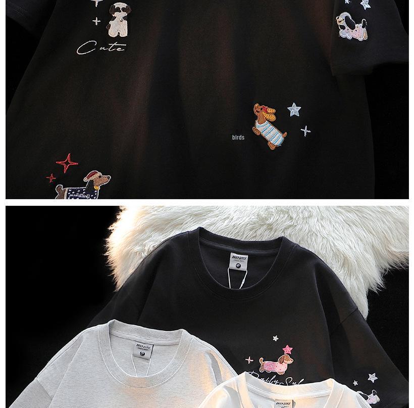 Американский шик Вышитая футболка из хлопка с коротким рукавом и щенком для женщин – Летний свободный крой Милый топ