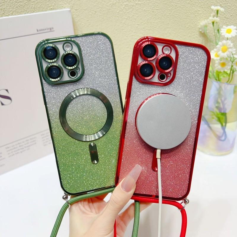 Магнитный чехол со шнурком-ремешком для Samsung S25 Ultra Galaxy S24 FE S21 S26 S22 S23 Plus A56 Беспроводная зарядка Блестящее покрытие Чехол-сумка на ремешке через плечо