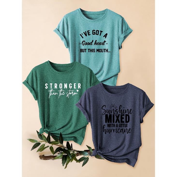 Mother's Day Gift 3 Pack Sun Letter Print Retro Women Round Neck Short Sleeve T Shirts Casual Sports Tops