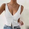 Women Summer Sleeveless V Neck Sexy Drawstring Bandage Bare Midriff Vest Crop Top
