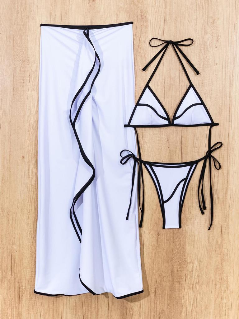 Комплект бикини из трех предметов 2025 европейский и американский: Сексуальный длинный купальник-накидка с принтом для женщин