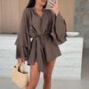 Женское летнее платье-рубашка с оборками, длинными рукавами, V-образным вырезом, короткое платье из шифона, А-силуэта, завязывающегося на талии, струящееся мини-платье