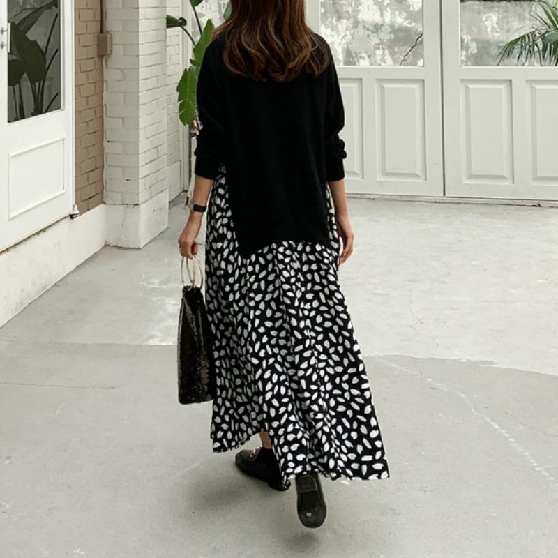 Весна и осень плюс размер футболка с длинным рукавом с принтом большое свободное платье с круглым вырезом длинное платье