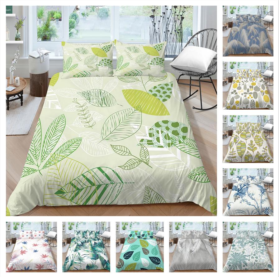 Семейное постельное белье, односпальная двуспальная кровать, полноразмерная серия с растительным принтом, постельное белье с узором в виде листьев, наволочка и пододеяльник, моющееся украшение для дома