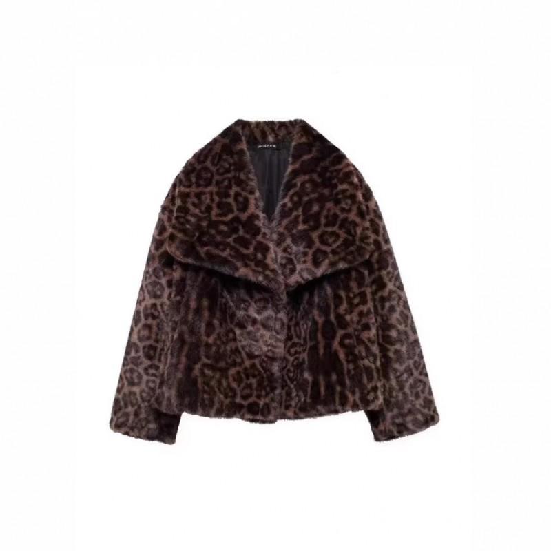 Womens Short Faux Fur Coat Oversized Collar Leopard Print Street Style Winter