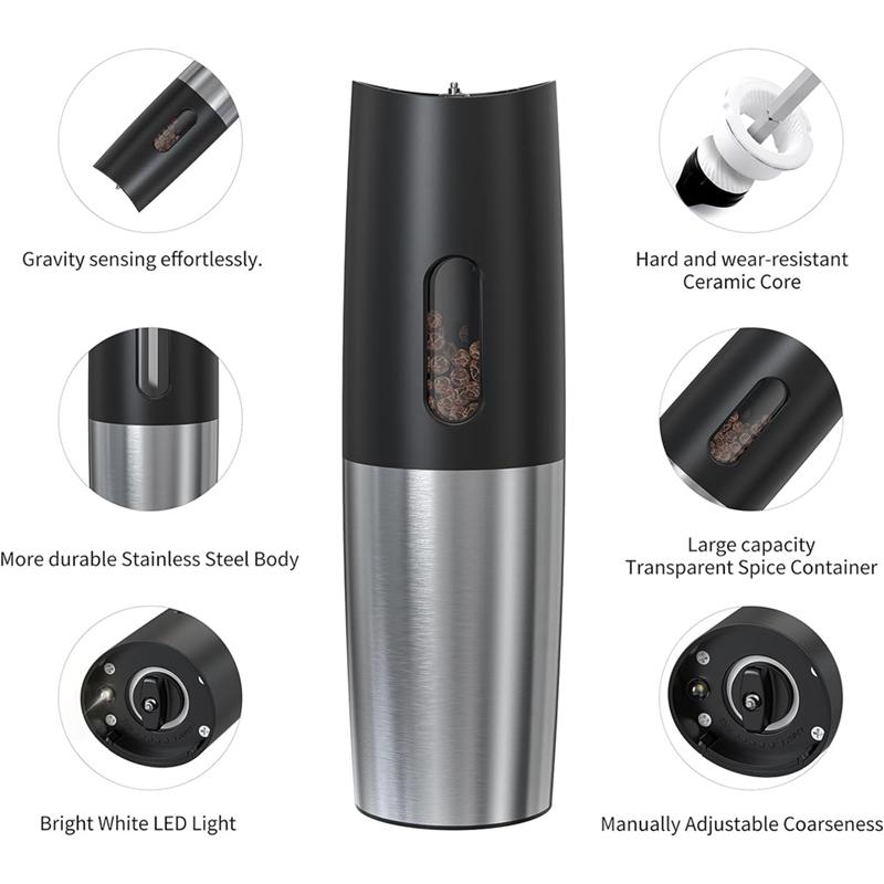 Электрическая мельница для соли и перца, набор, черная и серебристая, автоматическая мельница для перца, регулируемая степень помола, светодиодная подсветка