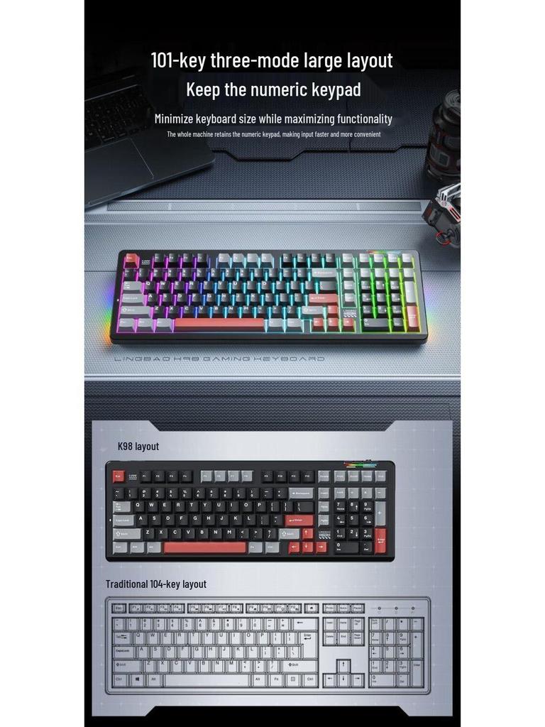 Беспроводная механическая игровая клавиатура LingBao K98 с 101 клавишей и возможностью горячей замены