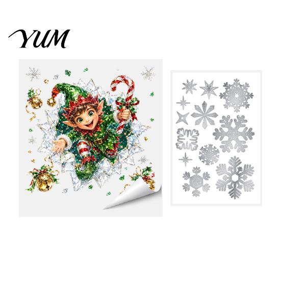 Self Adhesive Seasonal Decor 2Pcs Stained Glass Style Christmas Window Clings, Double?Sided Printed Xmas Static Reusable Ornament Stickers
