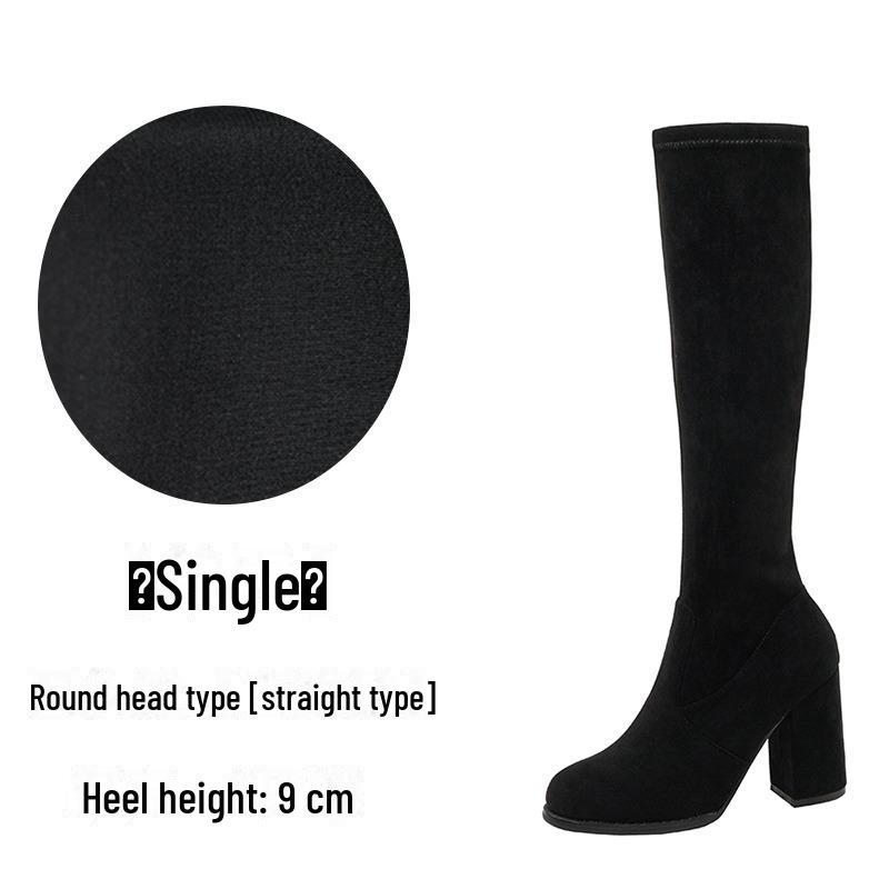 Женские сапоги из эластичной замши длиной до колена на высоком каблуке - Осень/Зима 2024 г. Длинные сапоги с круглым носком
