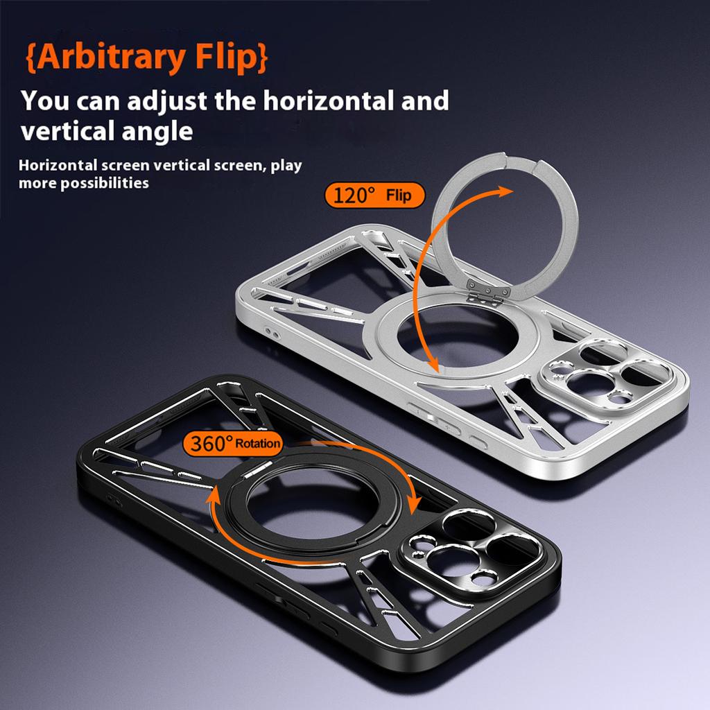 Чехол для iPhone 15 Pro Магнитная подставка Полая теплоотводящая Силикон+ПК+Металлический бампер Чехол для телефона