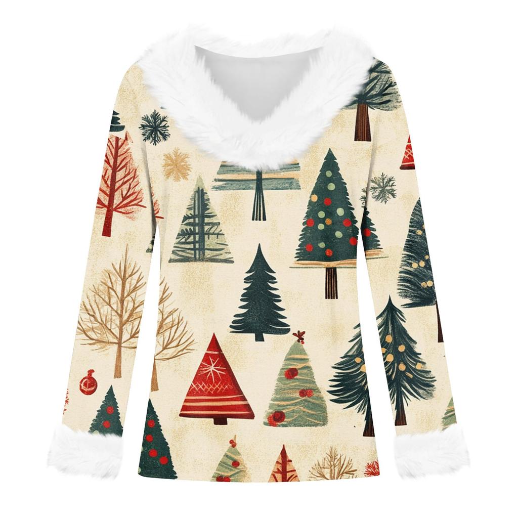 Женский модный повседневный топ с V-образным вырезом и длинными рукавами, рождественским принтом и плюшевым воротником