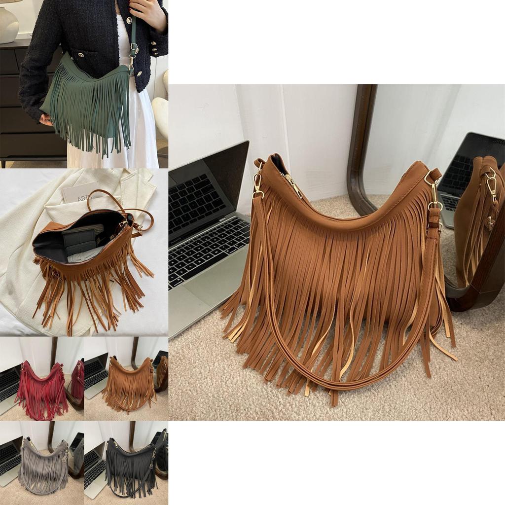 Chic Retro Soft Suede Shoulder Bag With Fashionable Fringe Design Perfect For Fall