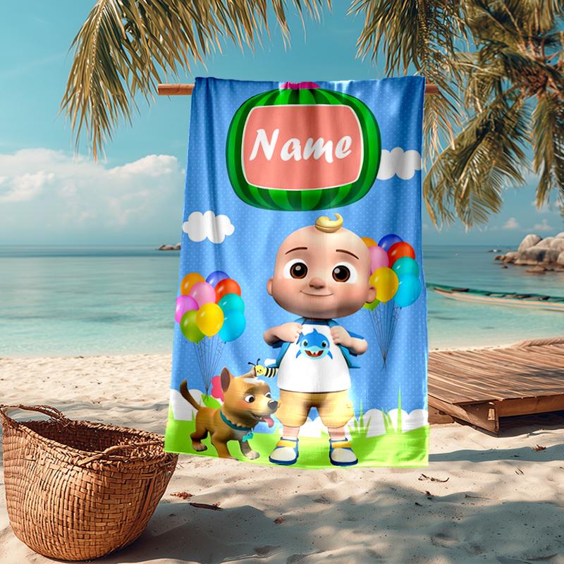 Custom Name Ultra-Soft Beach Towel with CoComelon Theme,Ideal for Pool - Camping, Diving - Perfect Travel Essential, Vibrant Beach Towel.