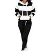 2 Pcs/Set Women Hoodie Pants Set Elastic Waist Striped Color Matching Hooded Long Sleeves Warm Drawstring Plus