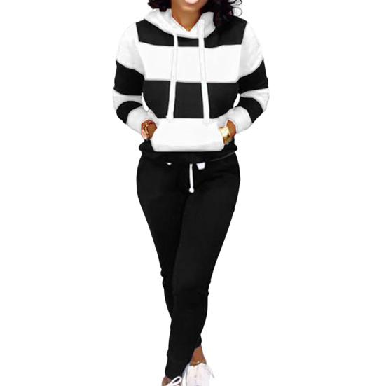 2 Pcs/Set Women Hoodie Pants Set Elastic Waist Striped Color Matching Hooded Long Sleeves Warm Drawstring Plus